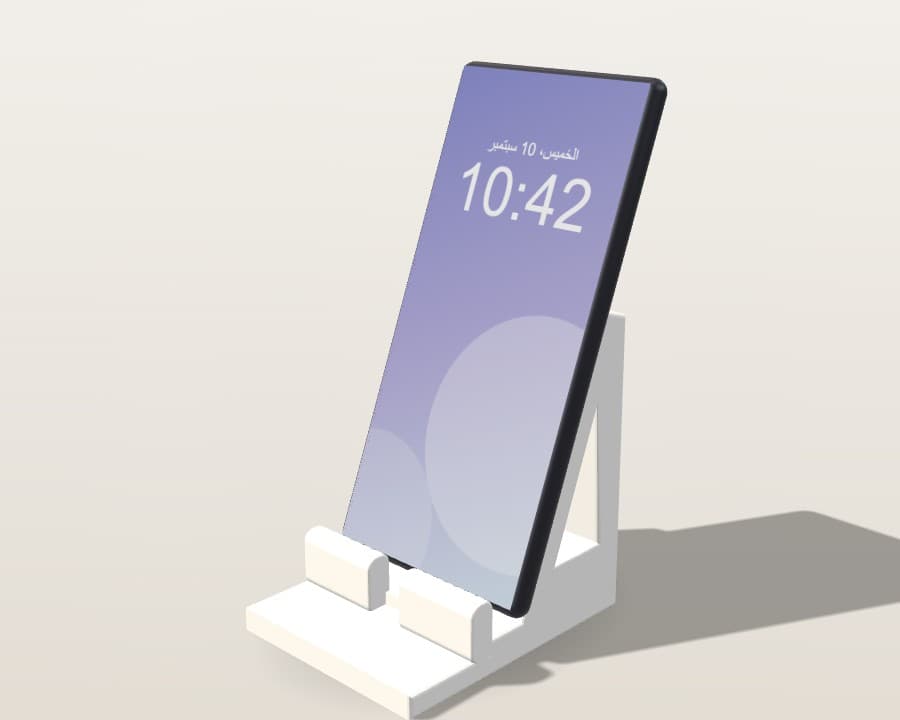 Illustrative 3D render of a white phone stand holding a phone.
